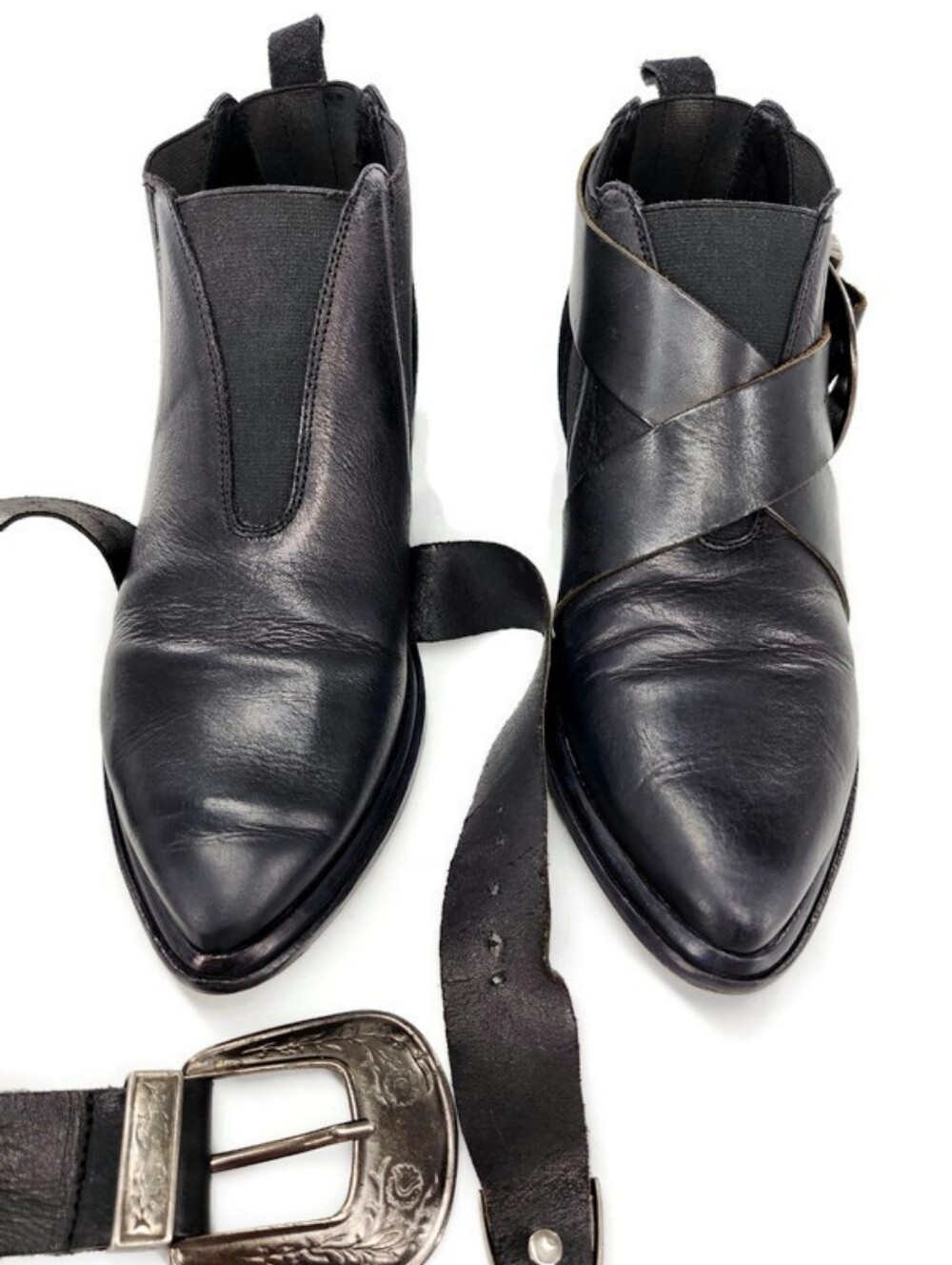 Free People Maverick Chelsea Black Leather Suede Silver Western Buckle Shooties - Picture 8 of 14